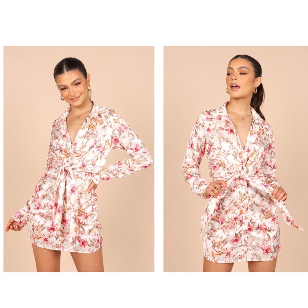 Floral Satin Tie-Waist Mini Dress in Pink